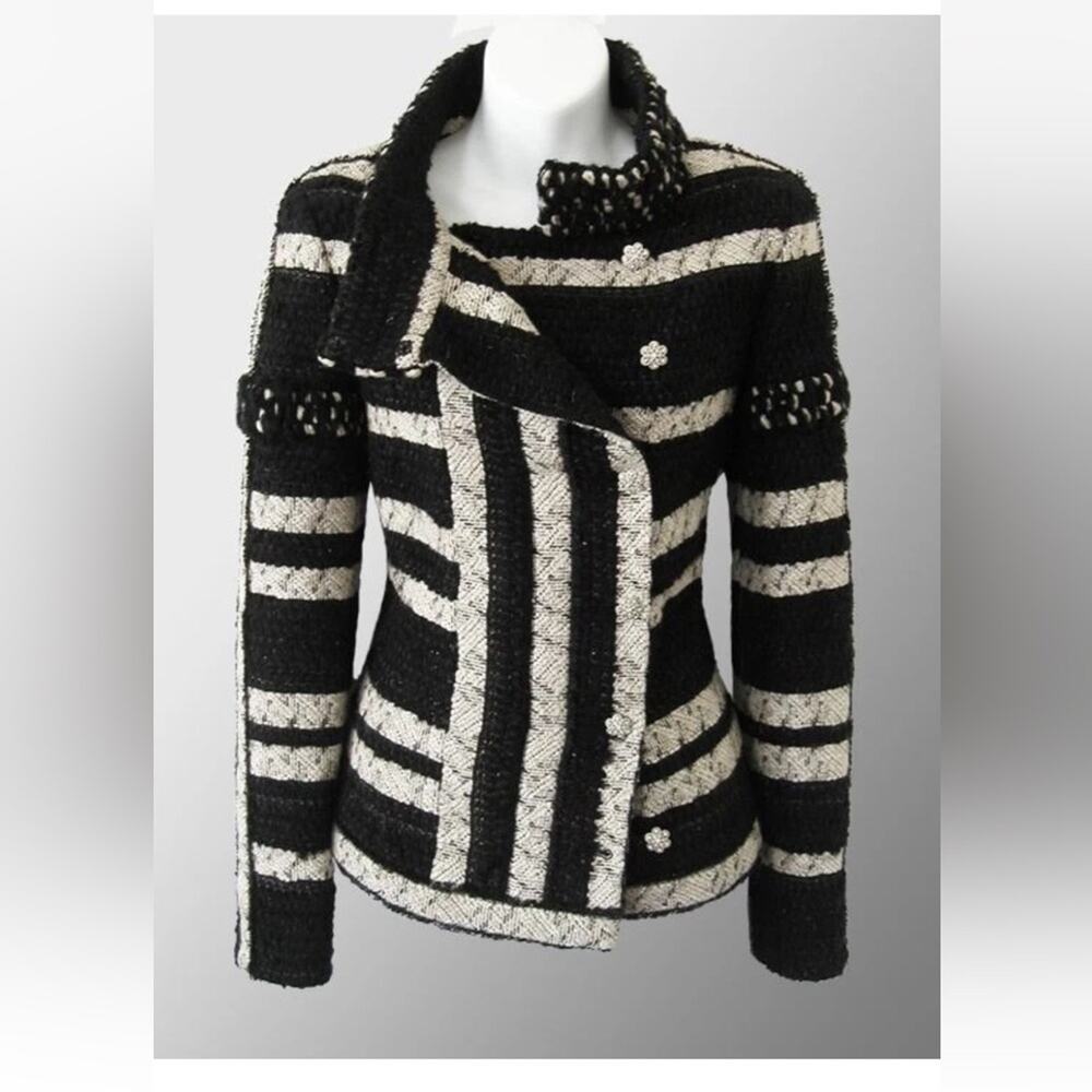 CHANEL Paris Moscou 09 black and Cream Striped tweed Knit Skirt Suit 36 - Picture 7 of 16